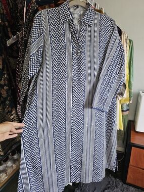 Woman Within Blue & White Long Sleeve Printed Dress Khaddi